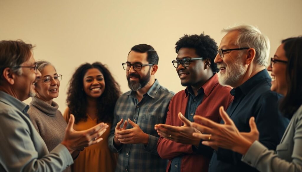 A group of diverse leaders gathered in a warm, well-lit room, engaged in animated discussion. Soft, directional lighting illuminates their faces, casting dramatic shadows and highlights. The leaders lean in, hands gesturing as they weave a captivating narrative, their expressions conveying passion and conviction. The scene exudes an atmosphere of collaborative storytelling, where ideas flow freely and strategic plans take shape. In the background, a minimalist backdrop of muted tones allows the leaders to be the focal point, drawing the viewer's attention to the power of their words and presence.