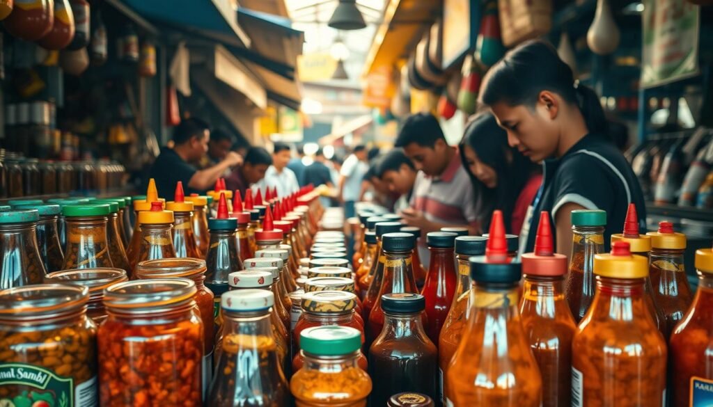 A bustling marketplace filled with the vibrant colors and aromas of traditional Indonesian sambal condiments. In the foreground, a diverse array of sambal jars and bottles, each with its own unique blend of spices and flavors. In the middle ground, a group of consumers intently inspecting the products, evaluating their preferences and making purchasing decisions. The background reveals a lively scene of vendors, stalls, and the energetic hum of a thriving local market. Warm, natural lighting casts a golden glow over the scene, capturing the authentic and inviting atmosphere of the market. The overall composition conveys the rich cultural heritage, diverse consumer preferences, and the growing popularity of sambal as a versatile and beloved culinary staple.