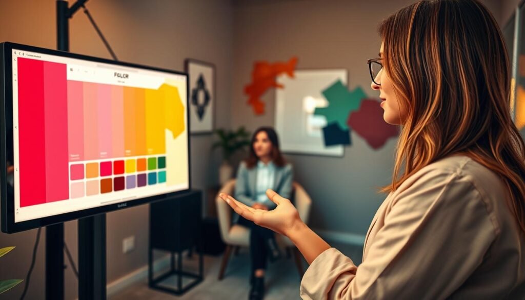 A cozy, inviting color consultation studio with a stylish, modern interior. In the foreground, a fashion-savvy consultant gestures towards a color palette displayed on a sleek digital screen. Warm, diffused lighting casts a flattering glow, creating an atmosphere of personalized attention. In the middle ground, a fashionable client sits comfortably, engaged in discussion. The background features minimalist decor accented by vibrant splashes of color, reflecting the diverse range of hues and styles on offer. The overall scene conveys an experience of personalized guidance, creativity, and the promise of empowered self-expression.
