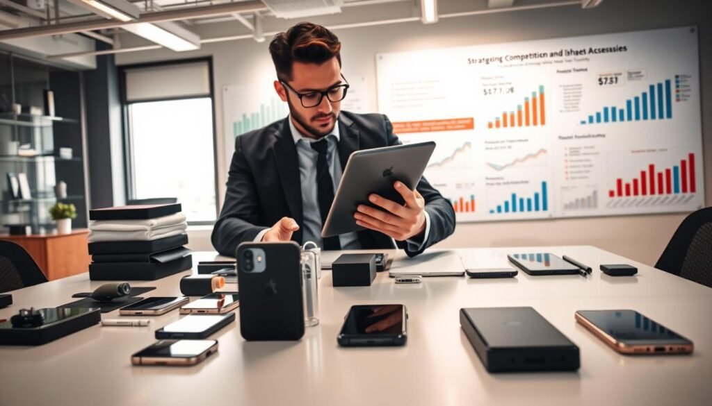 A dynamic business workspace featuring a modern desk with an array of iPhone accessories, such as cases, chargers, and screen protectors, neatly arranged. In the foreground, a professional in business attire is analyzing data on a tablet, immersed in strategic planning. The middle ground showcases a wall with charts and graphs illustrating market trends and competition in the iPhone accessory market, emphasizing strategic competitiveness. The background has a bright, open office atmosphere, with soft natural light coming through large windows, casting gentle reflections on a polished surface. The overall mood is focused and ambitious, reflecting a blend of creativity and analytical thinking.