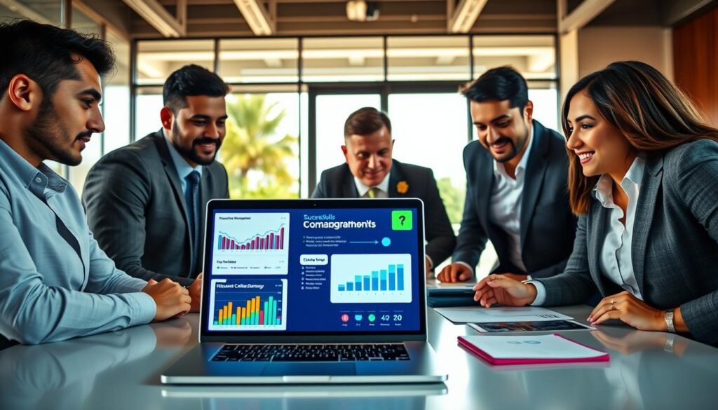 A dynamic fintech campaign scene depicting a diverse group of six professional individuals in business attire, brainstorming strategies around a modern conference table. In the foreground, a laptop displays vibrant analytics and social media metrics, symbolizing urgency and growth in user acquisition. The middle ground features sticky notes and charts illustrating a successful influencer collaboration strategy, emphasizing engagement and excitement. The background shows a bright office space with large windows, natural sunlight streaming in, creating a warm atmosphere. The composition captures a sense of collaboration and urgency, with the expressions of the individuals focused and determined. Use a wide-angle lens to encompass the entire scene, highlighting both the technology and the teamwork involved in crafting the campaign. A dynamic fintech campaign scene depicting a diverse group of six professional individuals in business attire, brainstorming strategies around a modern conference table. In the foreground, a laptop displays vibrant analytics and social media metrics, symbolizing urgency and growth in user acquisition. The middle ground features sticky notes and charts illustrating a successful influencer collaboration strategy, emphasizing engagement and excitement. The background shows a bright office space with large windows, natural sunlight streaming in, creating a warm atmosphere. The composition captures a sense of collaboration and urgency, with the expressions of the individuals focused and determined. Use a wide-angle lens to encompass the entire scene, highlighting both the technology and the teamwork involved in crafting the campaign.