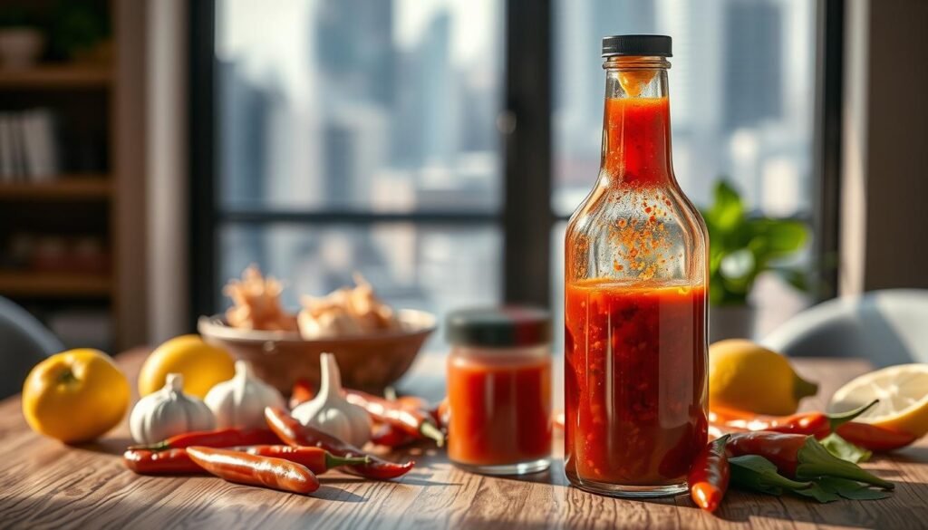 A high-quality glass bottle filled with vibrant red sambal sauce sits prominently on a wooden table, surrounded by fresh ingredients such as chili peppers, garlic, and lemon. The lighting is warm and natural, creating a cozy, inviting atmosphere. In the background, a blurred cityscape can be seen through a window, suggesting an urban setting. The composition is balanced and visually appealing, with the sambal bottle as the focal point, conveying a sense of artisanal craftsmanship and attention to detail. The overall scene evokes a feeling of modern, elevated cuisine and the potential for a successful sambal business venture.
