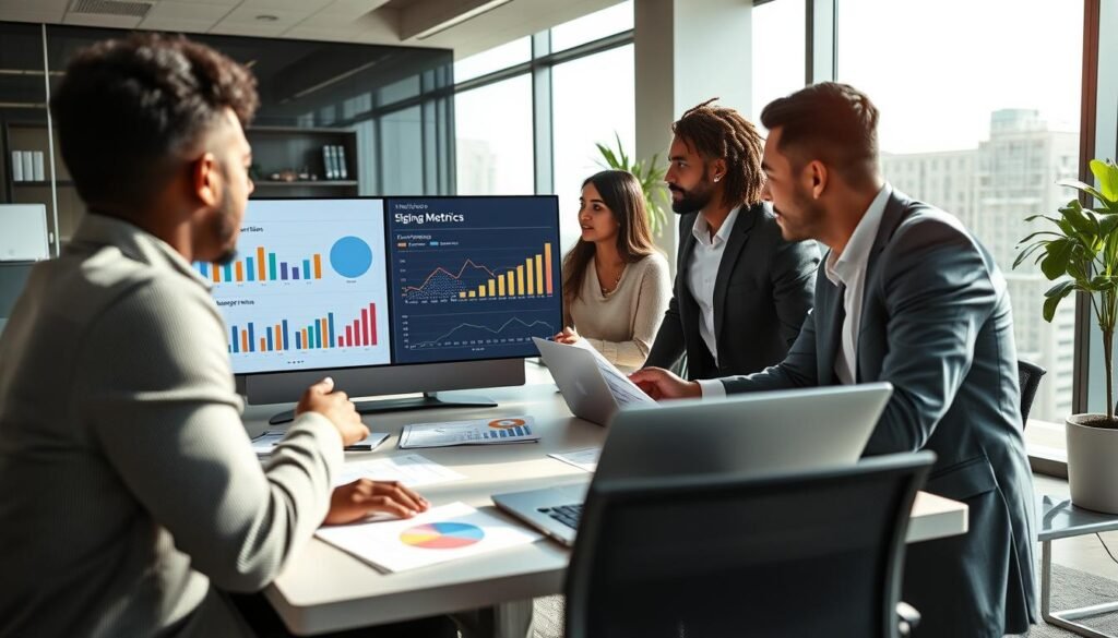 A professional business setting featuring a diverse group of people analyzing digital metrics on a large screen. In the foreground, three ethnically diverse individuals in smart casual attire engage with charts displaying metrics like User Acquisition, Engagement Rates, and Growth Trends. The middle ground shows a sleek conference table, laptops open, and scattered papers with colorful graphs. In the background, a modern office environment with large windows allows natural light to flood the room, casting soft shadows. The mood is focused and dynamic, highlighting collaboration and innovation. The scene captures a sense of achievement and teamwork, emphasizing the successful analysis of a campaign's metrics. The angle is slightly elevated, showcasing both the participants and the data they are closely reviewing. A professional business setting featuring a diverse group of people analyzing digital metrics on a large screen. In the foreground, three ethnically diverse individuals in smart casual attire engage with charts displaying metrics like User Acquisition, Engagement Rates, and Growth Trends. The middle ground shows a sleek conference table, laptops open, and scattered papers with colorful graphs. In the background, a modern office environment with large windows allows natural light to flood the room, casting soft shadows. The mood is focused and dynamic, highlighting collaboration and innovation. The scene captures a sense of achievement and teamwork, emphasizing the successful analysis of a campaign's metrics. The angle is slightly elevated, showcasing both the participants and the data they are closely reviewing.