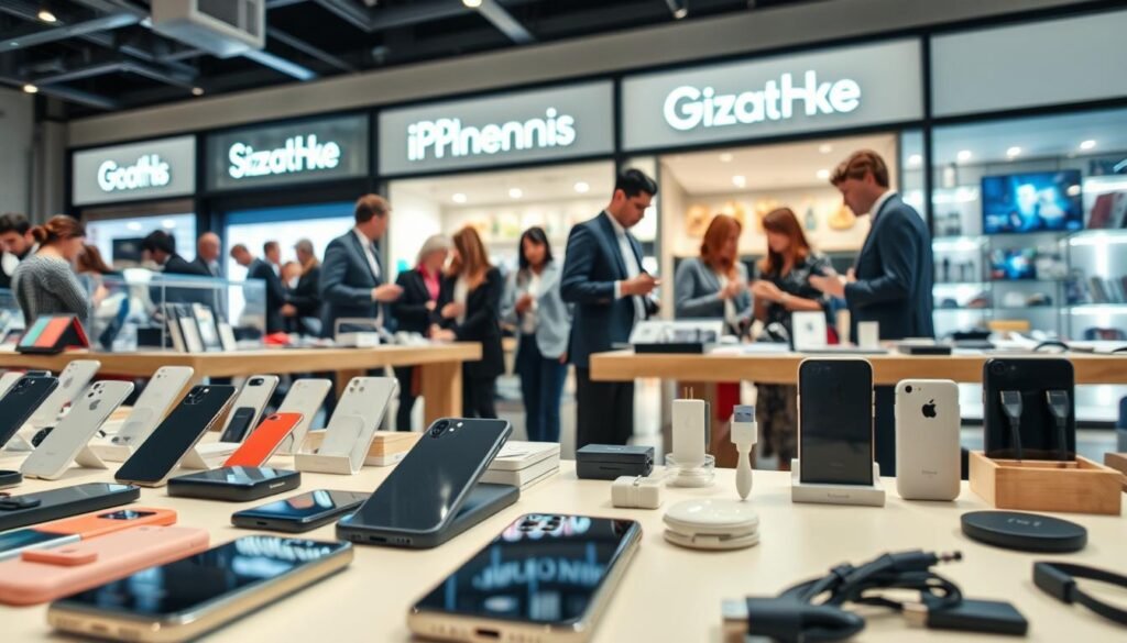 A vibrant marketplace scene showcasing a variety of iPhone accessories positioned on neatly arranged tables. In the foreground, a selection of phone cases, screen protectors, and charging cables attractively displayed. The middle ground features a diverse group of people browsing the accessories, including men and women dressed in professional business attire, engaging in conversation and examining products. The background displays a trendy storefront with bright lighting that highlights the accessories, creating an inviting atmosphere. The scene is captured from a low angle, emphasizing the products while maintaining a sense of depth. The overall mood is dynamic and engaging, reflecting the target market's interest in quality iPhone accessories. Soft, natural lighting enhances the color vibrancy of the products and the lively ambiance of the market.