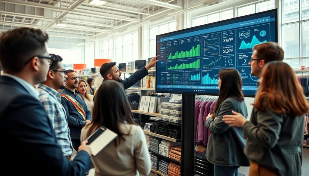 A busy inventory management scene in a modern marketplace setting. In the foreground, a diverse group of professionals in business attire are collaborating around a large digital screen displaying inventory data, charts, and analytics. One person is pointing at the screen, while others take notes or discuss strategies. In the middle, shelves filled with products such as electronics and clothing are organized neatly, symbolizing effective inventory control. In the background, a bright, well-lit office space with large windows showcases a bustling marketplace atmosphere. Soft natural light enhances the scene, creating an atmosphere of productivity and innovation. The angle is slightly elevated to capture the dynamic interaction among team members while emphasizing the organized inventory layout. A busy inventory management scene in a modern marketplace setting. In the foreground, a diverse group of professionals in business attire are collaborating around a large digital screen displaying inventory data, charts, and analytics. One person is pointing at the screen, while others take notes or discuss strategies. In the middle, shelves filled with products such as electronics and clothing are organized neatly, symbolizing effective inventory control. In the background, a bright, well-lit office space with large windows showcases a bustling marketplace atmosphere. Soft natural light enhances the scene, creating an atmosphere of productivity and innovation. The angle is slightly elevated to capture the dynamic interaction among team members while emphasizing the organized inventory layout.