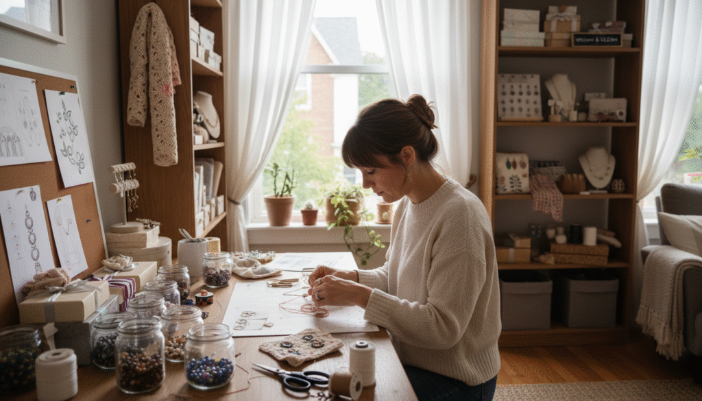 A cozy home workspace dedicated to a handmade business, featuring an organized desk with tools for crafting accessories, such as scissors, threads, and colorful materials. In the foreground, a focused woman in modest casual attire carefully designs a unique piece of jewelry, her face reflecting concentration and creativity. In the middle, shelves are filled with neatly arranged finished products like handmade gifts and accessories. The background shows a window with soft natural light pouring in, illuminating the space and creating a warm atmosphere. The mood is inspiring and professional, emphasizing the creative process of managing a handmade business from home, with a subtle touch of elegance and charm. A cozy home workspace dedicated to a handmade business, featuring an organized desk with tools for crafting accessories, such as scissors, threads, and colorful materials. In the foreground, a focused woman in modest casual attire carefully designs a unique piece of jewelry, her face reflecting concentration and creativity. In the middle, shelves are filled with neatly arranged finished products like handmade gifts and accessories. The background shows a window with soft natural light pouring in, illuminating the space and creating a warm atmosphere. The mood is inspiring and professional, emphasizing the creative process of managing a handmade business from home, with a subtle touch of elegance and charm.