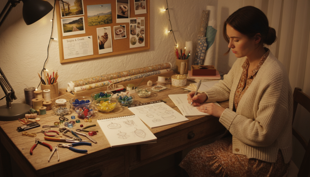 A cozy workspace featuring a wooden table covered with various handmade product ideas, such as jewelry tools, colorful beads, and sketches of unique gift designs. In the foreground, a focused professional woman in modest casual clothing is thoughtfully reviewing her notes, surrounded by materials like fabrics and craft supplies. In the middle, a vision board is pinned to the wall, displaying inspirational images and product concepts. The background shows warm, soft lighting that creates an inviting atmosphere, emphasizing creativity and innovation. The scene captures the essence of brainstorming and developing product ideas for a handmade accessories business, invoking a sense of excitement and possibility. A cozy workspace featuring a wooden table covered with various handmade product ideas, such as jewelry tools, colorful beads, and sketches of unique gift designs. In the foreground, a focused professional woman in modest casual clothing is thoughtfully reviewing her notes, surrounded by materials like fabrics and craft supplies. In the middle, a vision board is pinned to the wall, displaying inspirational images and product concepts. The background shows warm, soft lighting that creates an inviting atmosphere, emphasizing creativity and innovation. The scene captures the essence of brainstorming and developing product ideas for a handmade accessories business, invoking a sense of excitement and possibility.