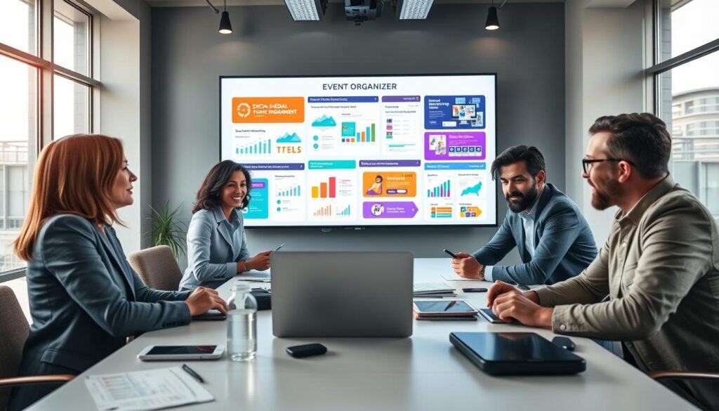 A dynamic scene depicting a digital marketing strategy meeting for an event organizer. In the foreground, a diverse group of three professionals in business attire, including a woman with shoulder-length hair and a man with glasses, are brainstorming around a modern conference table strewn with digital devices, charts, and presentations. The middle ground features a large screen displaying vibrant infographics and digital marketing strategies, with colorful graphics illustrating social media engagement and online advertising. In the background, airy office windows let in natural light, adding a bright and optimistic atmosphere. The composition uses a wide-angle lens to capture the collaborative spirit, with soft lighting enhancing the motivational mood and a balanced color palette of blues and greens.