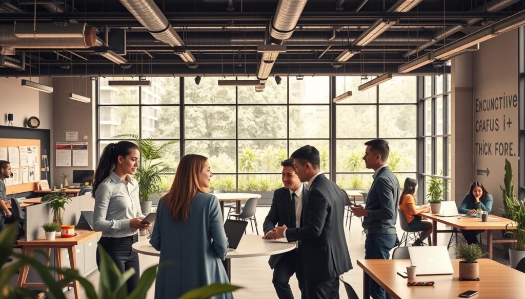A modern campus entrepreneurship facility showcasing vibrant innovation and collaboration spaces. In the foreground, a diverse group of young adults in professional business attire are engaged in discussions, brainstorming ideas at a round table, and using laptops. The middle ground features an open workspace filled with modern desks, brainstorming boards, and entrepreneurial posters, blending creativity with functionality. In the background, large windows allow natural light to flood the space, highlighting a lush green outdoor area visible through the glass. The atmosphere is energetic and inspiring, emphasizing a culture of innovation and startup spirit, with plants and motivational quotes adorning the walls. The image should evoke a sense of ambition and opportunity, utilizing soft, warm lighting to create an inviting, productive environment.