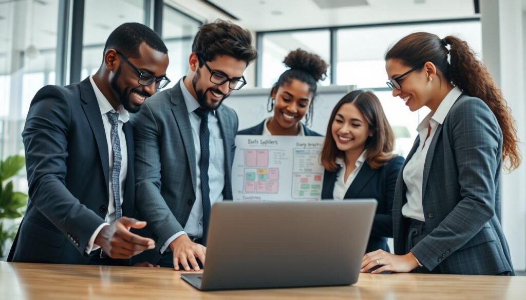 A professional business setting depicting a diverse group of individuals engaged in a collaborative discussion about selecting reliable dropship suppliers. In the foreground, two men and two women dressed in smart business attire examine a laptop screen displaying supplier options. The middle ground features a large whiteboard with colorful charts and notes about supplier criteria. The background shows a bright, modern office space with large windows allowing natural light to flood in. The mood is focused and enthusiastic, emphasizing teamwork and strategic decision-making. Use a slightly elevated angle to capture the group's interaction with the technology and the surrounding environment, fostering a sense of professionalism and trust.