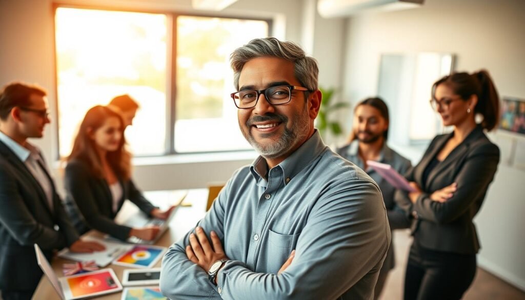 A professional event organizer named Tim is depicted in a vibrant, bustling office environment, showcasing a solid event planning team. In the foreground, Tim, a middle-aged South Asian man, confidently engages with his diverse team members, all dressed in professional business attire. In the middle ground, a large table is filled with colorful event samples, notebooks, and laptops as they brainstorm ideas together. The background features a bright window that bathes the room in natural light, emphasizing a productive and collaborative atmosphere. Capture the earnest expressions of teamwork and creativity, with warm lighting and a slight depth of field to focus on the group, evoking a sense of inspiration and professionalism in the art of event organizing.