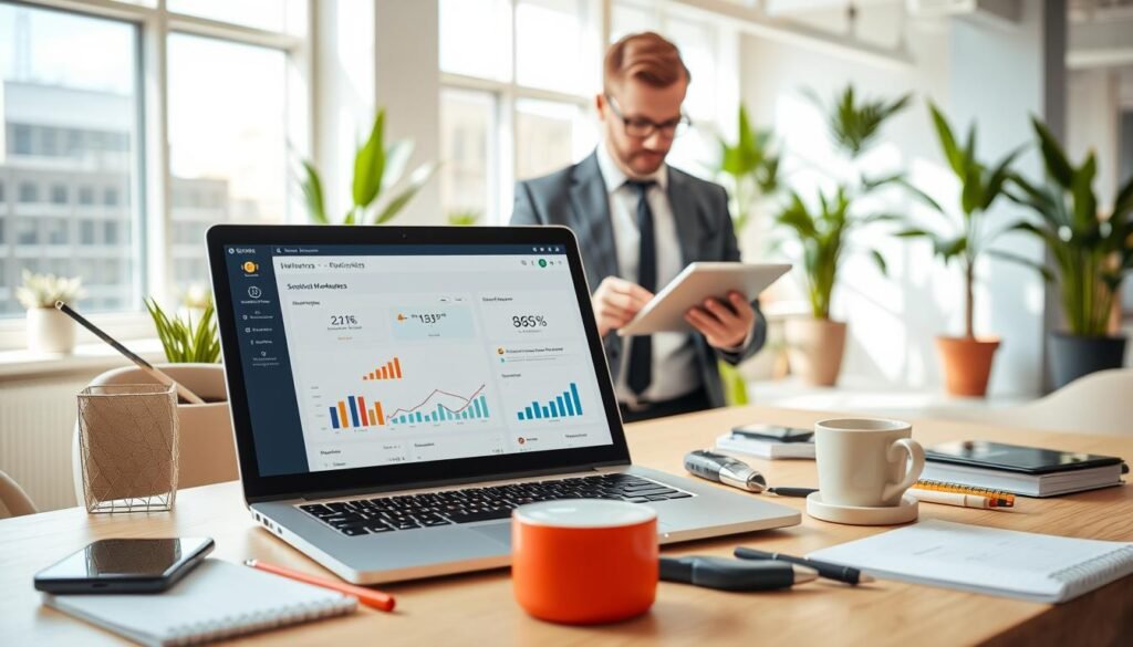 A vibrant workspace depicting a digital tools platform for a business marketplace. In the foreground, a modern laptop sits open, showcasing a user-friendly marketplace dashboard with graphs and stats indicating business growth. Surrounding the laptop, an array of tools, such as a smartphone, notepad with notes, and a coffee cup, create a dynamic work environment. In the middle ground, a professional-looking individual dressed in business attire is intently working on a tablet, emphasizing focus and efficiency. The background features a bright, well-lit office with minimalistic decor, large windows allowing natural light to flood in, and potted plants adding a touch of greenery. The atmosphere is energetic and motivating, encouraging productivity and innovation in a marketplace setting. A vibrant workspace depicting a digital tools platform for a business marketplace. In the foreground, a modern laptop sits open, showcasing a user-friendly marketplace dashboard with graphs and stats indicating business growth. Surrounding the laptop, an array of tools, such as a smartphone, notepad with notes, and a coffee cup, create a dynamic work environment. In the middle ground, a professional-looking individual dressed in business attire is intently working on a tablet, emphasizing focus and efficiency. The background features a bright, well-lit office with minimalistic decor, large windows allowing natural light to flood in, and potted plants adding a touch of greenery. The atmosphere is energetic and motivating, encouraging productivity and innovation in a marketplace setting.