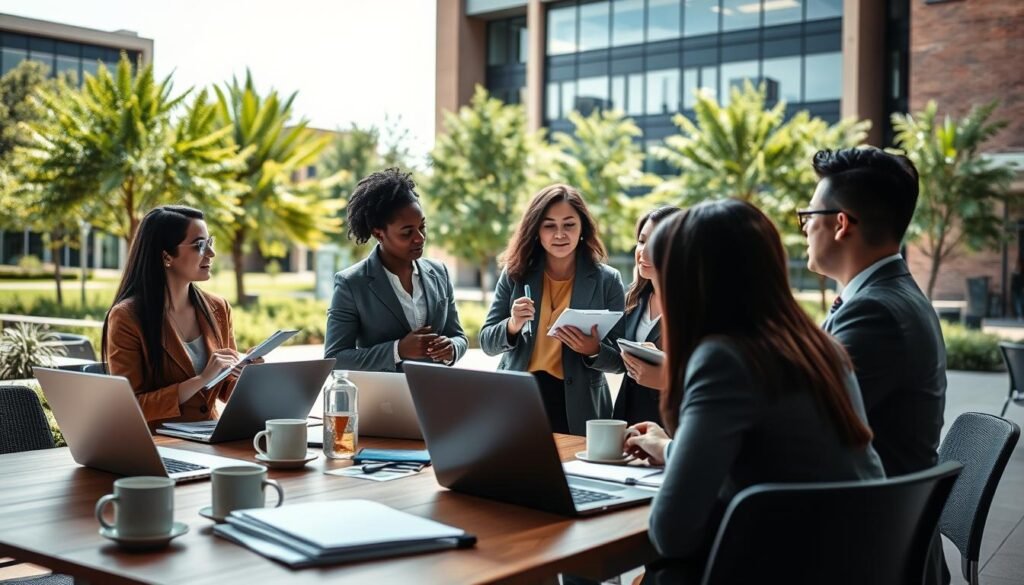 An academic setting showcasing the essence of entrepreneurship, featuring a diverse group of students engaged in discussions and brainstorming at a well-lit university campus courtyard. In the foreground, a table filled with laptops, notebooks, and coffee cups, symbolizing collaboration and innovation. The middle ground captures earnest, focused students in professional business attire, sharing ideas and insights, with a backdrop of modern university architecture. The background has lush greenery and a clear sky, conveying a vibrant and optimistic atmosphere. The lighting is bright and inviting, capturing the essence of creativity and academic pursuit. The composition is framed from a slightly elevated angle to include both the students and the campus environment, emphasizing the dynamic interplay between academia and entrepreneurship.