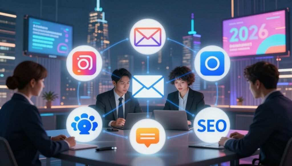 A modern digital marketing strategy illustration for 2026, showcasing five key elements as interconnected visual icons. In the foreground, include sleek visual representations of social media marketing, email campaigns, influencer collaborations, SEO optimization, and content marketing, each symbolized by dynamic graphics. The middle ground features a professional business environment with individuals dressed in business attire engaged in collaborative discussions over digital devices. The background portrays a futuristic city skyline with vibrant digital billboards, symbolizing the fast-paced world of digital marketing. Soft, ambient lighting highlights the professionals, creating a mood of innovation and collaboration. The composition is viewed from a slightly elevated angle, giving depth and emphasizing interaction. A modern digital marketing strategy illustration for 2026, showcasing five key elements as interconnected visual icons. In the foreground, include sleek visual representations of social media marketing, email campaigns, influencer collaborations, SEO optimization, and content marketing, each symbolized by dynamic graphics. The middle ground features a professional business environment with individuals dressed in business attire engaged in collaborative discussions over digital devices. The background portrays a futuristic city skyline with vibrant digital billboards, symbolizing the fast-paced world of digital marketing. Soft, ambient lighting highlights the professionals, creating a mood of innovation and collaboration. The composition is viewed from a slightly elevated angle, giving depth and emphasizing interaction.