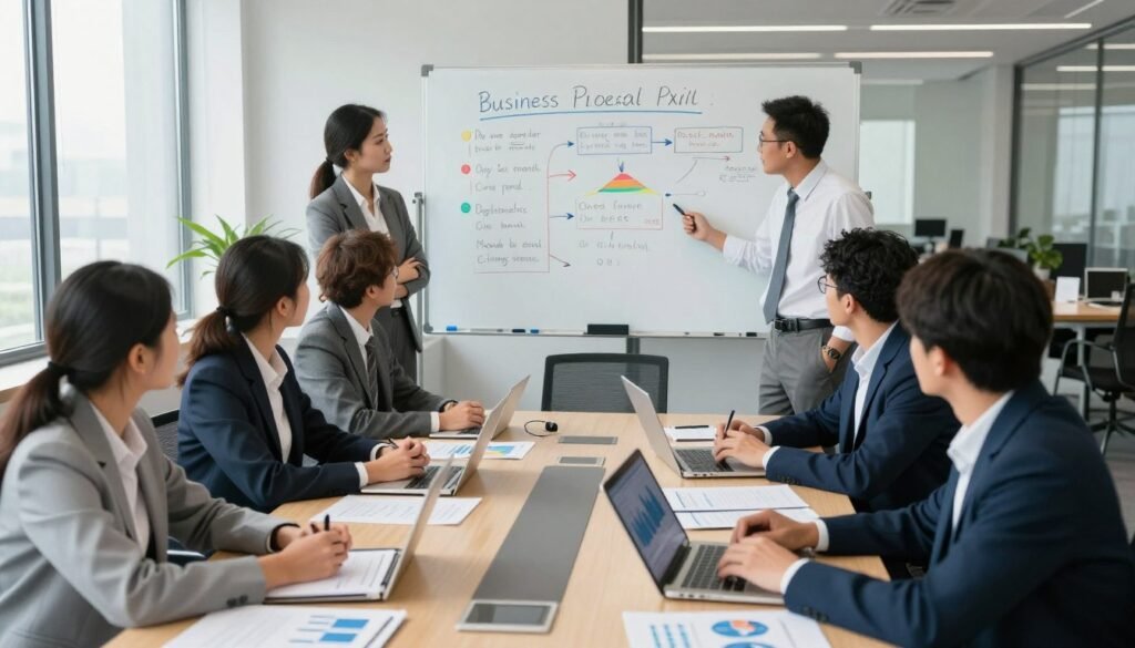 A professional business environment showcasing steps to create a business proposal. In the foreground, a diverse group of business professionals, dressed in smart business attire, are gathered around a spacious conference table, engaged in a brainstorming session. They are surrounded by documents, laptops, and digital tablets displaying graphs and charts. The middle ground features a large whiteboard with colorful markers outlining key proposal sections. In the background, a modern office space with large windows allows natural light to illuminate the room, enhancing a collaborative atmosphere. The scene conveys a sense of focus and productivity, captured from a slightly high angle to emphasize teamwork and creativity. A professional business environment showcasing steps to create a business proposal. In the foreground, a diverse group of business professionals, dressed in smart business attire, are gathered around a spacious conference table, engaged in a brainstorming session. They are surrounded by documents, laptops, and digital tablets displaying graphs and charts. The middle ground features a large whiteboard with colorful markers outlining key proposal sections. In the background, a modern office space with large windows allows natural light to illuminate the room, enhancing a collaborative atmosphere. The scene conveys a sense of focus and productivity, captured from a slightly high angle to emphasize teamwork and creativity.